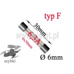 Bezpiecznik szybki; I= 6,3A; 250V; fi 6x30mm; kpl.5szt