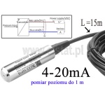 Hydrostatyczny czujnik poziomu cieczy; pomiar poziomu 0~1m. Wykonany ze stali nierdzewnej; wyjście 4-20mA; kabel 15m