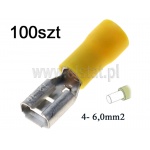  Konektor płaski, żeński, cynowany mosiądz, 6,3mm, kabel 4- 6mm2, krótka końcówka kabla, żółta, częściowo izolowane