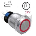 Przycisk sterujący wandaloodporny; monostabilny; metalowy; podświetlanie LED 3- 24V; czerwone; NO/ NC; płaskie czoło; średnica montażu 19mm