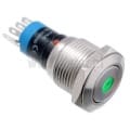 Przycisk sterujący wandaloodporny; stabilny; metalowy; podświetlanie LED 12V; zielone; NO/ NC; płaskie czoło; średnica montażu 16mm