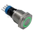 Przycisk sterujący; wandaloodporny; stabilny; metalowy; podświetlanie LED 12V; krawędziowe zielone; NO- NC; płaskie czoło; średnica montażu 16mm