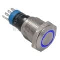 Przycisk sterujący; wandaloodporny; stabilny; metalowy; podświetlanie LED 12V; krawędziowe niebieskie; NO- NC; 3A/ 250VAC; płaskie czoło; średnica montażu 16mm