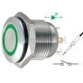 Przycisk wandaloodporny niklowany; chwilowy; wandaloodporny; NO; 2A/36V; płaskie czoło; średnica montażu 16mm; podświetlanie pierścieniowe; LED 12V; zielone