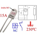 Termostat bimetaliczny z otworem; 230°C; 15A/250V; NC; bezpiecznik z samoresetowaniem